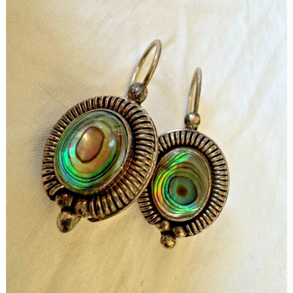 Abalone Inlays Sterling Silver Round French Wire Earrings Ocean Inspired - Picture 1 of 6